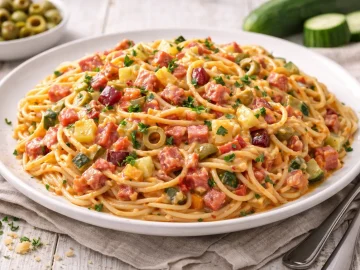 Spaghetti mit Salami, Gemüse und geschmolzenem Käse auf weißem Teller angerichtet