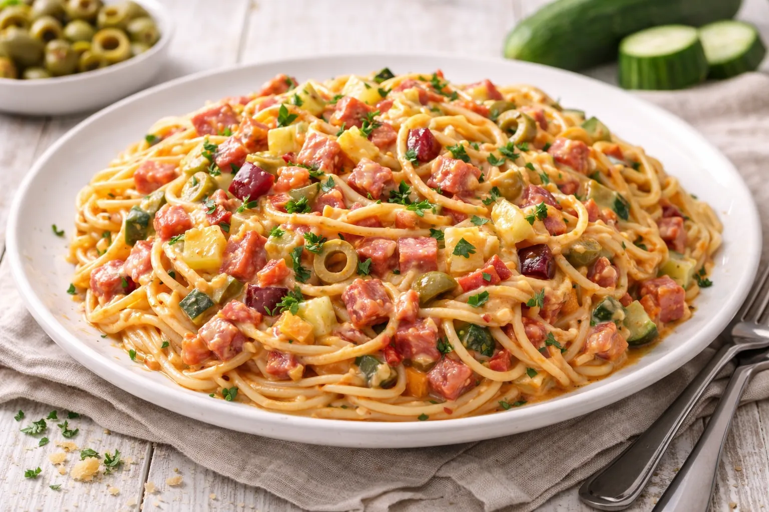 Spaghetti mit Salami, Gemüse und geschmolzenem Käse auf weißem Teller angerichtet