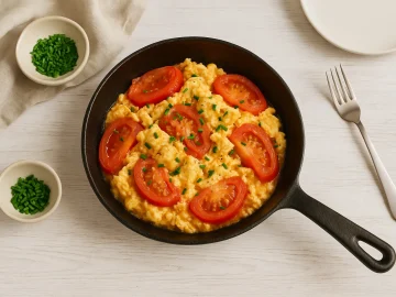Tomaten-Eier-Pfanne in rustikaler Pfanne, mit Schnittlauch bestreut, serviert auf Holztisch