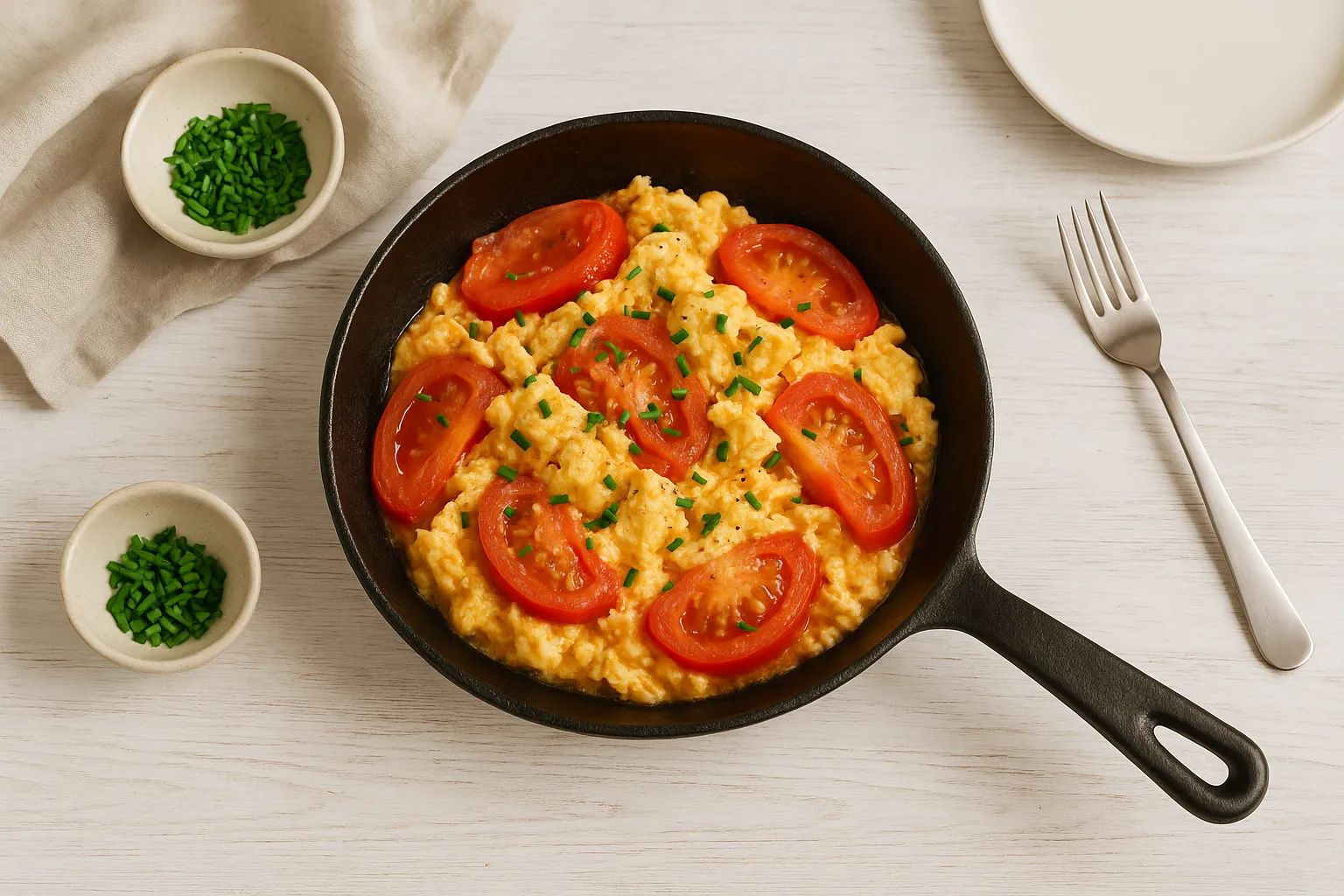 Tomaten-Eier-Pfanne in rustikaler Pfanne, mit Schnittlauch bestreut, serviert auf Holztisch