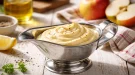 Cremige Apfelmayonnaise in Edelstahl-Sauciere auf weißem Holztisch mit Äpfeln und Küchentuch