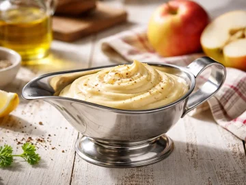 Cremige Apfelmayonnaise in Edelstahl-Sauciere auf weißem Holztisch mit Äpfeln und Küchentuch