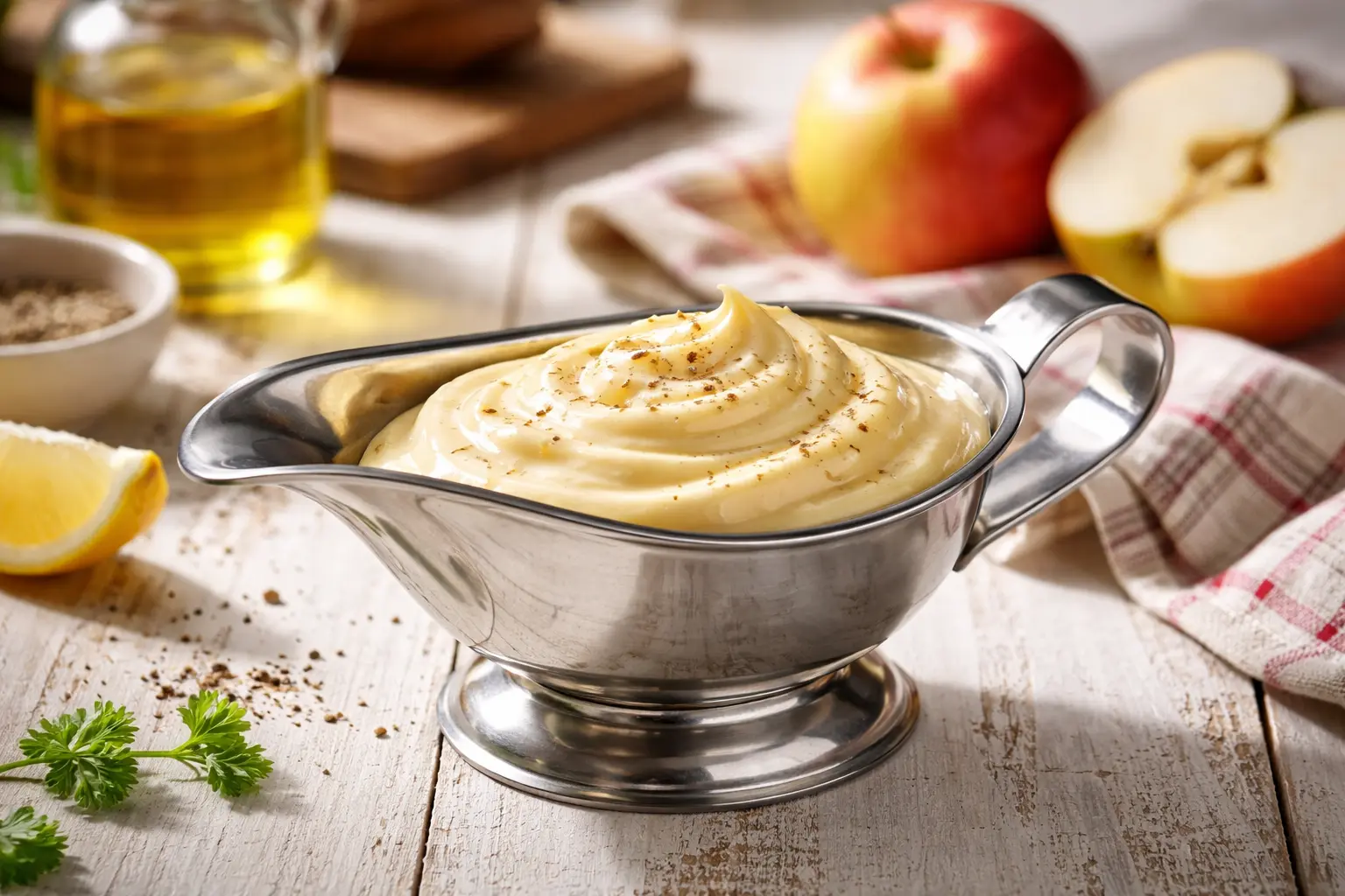 Cremige Apfelmayonnaise in Edelstahl-Sauciere auf weißem Holztisch mit Äpfeln und Küchentuch