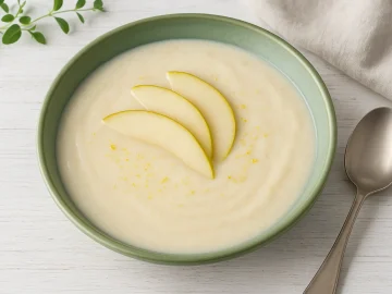 Grüner Teller mit cremiger Birnensuppe, garniert mit frischen Birnenscheiben