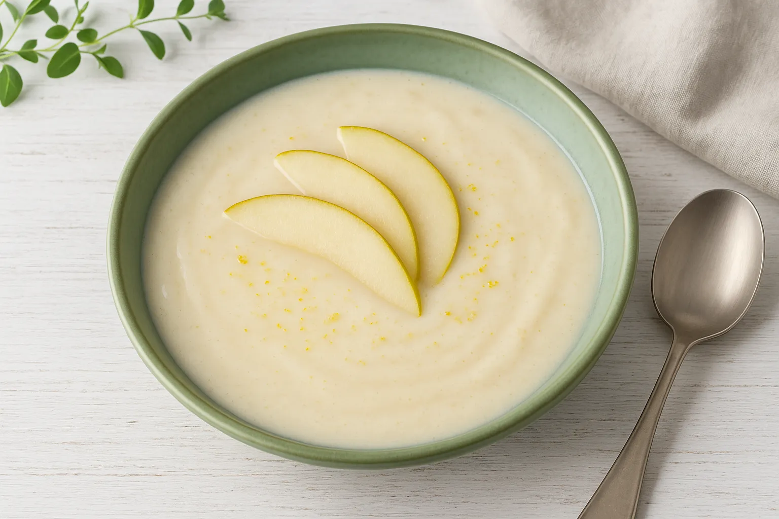 Grüner Teller mit cremiger Birnensuppe, garniert mit frischen Birnenscheiben