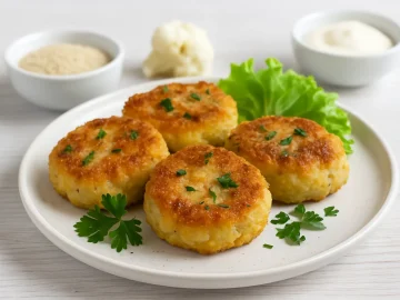 Goldbraune Blumenkohlbuletten mit Pilzen auf weißem Teller und hellem Holzuntergrund