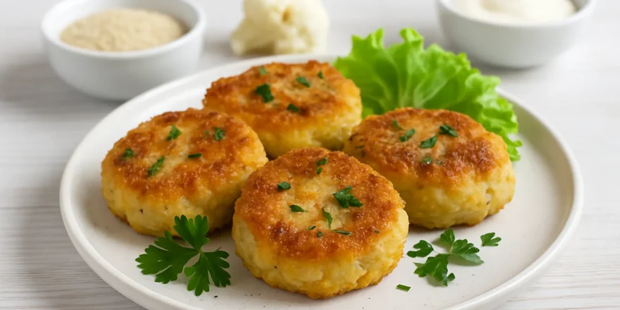 Goldbraune Blumenkohlbuletten mit Pilzen auf weißem Teller und hellem Holzuntergrund