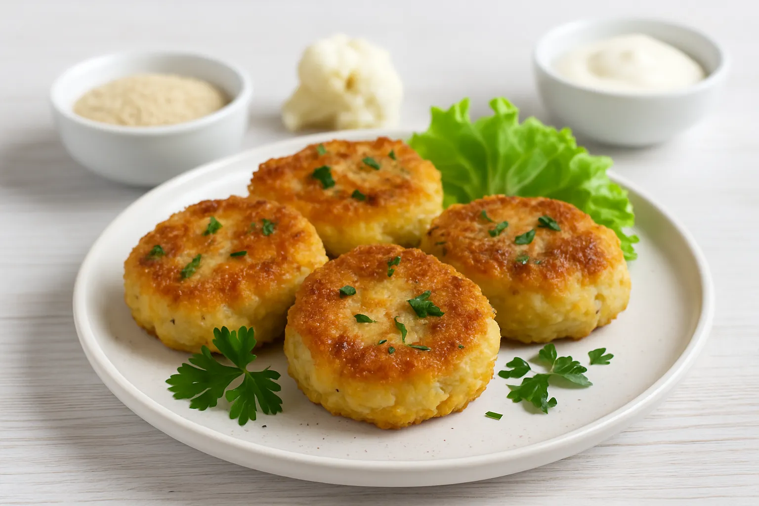 Goldbraune Blumenkohlbuletten mit Pilzen auf weißem Teller und hellem Holzuntergrund