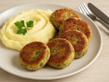 Erbsbuletten, serviert mit Kartoffelbrei und Petersilie auf Teller