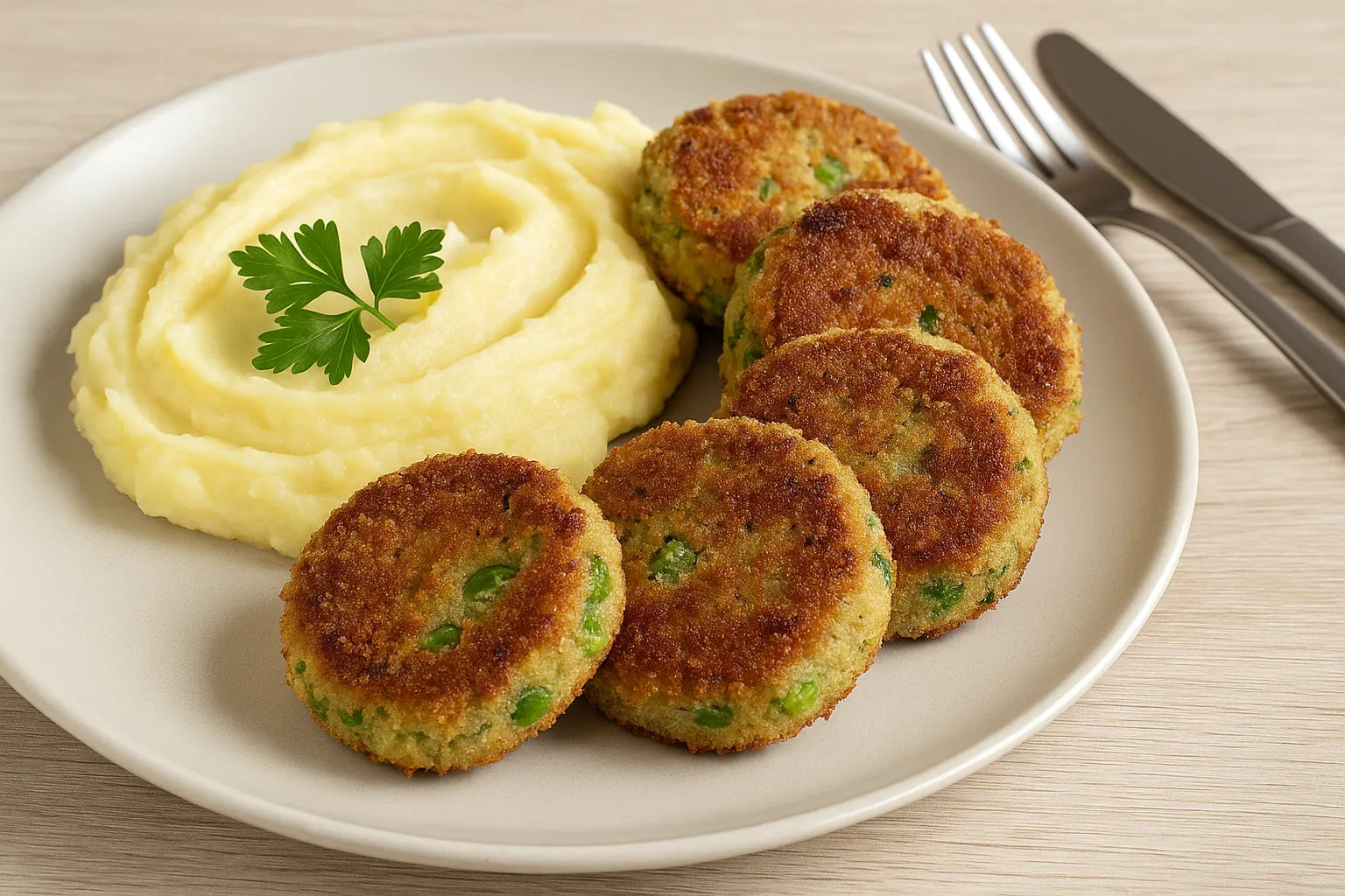 Erbsbuletten, serviert mit Kartoffelbrei und Petersilie auf Teller