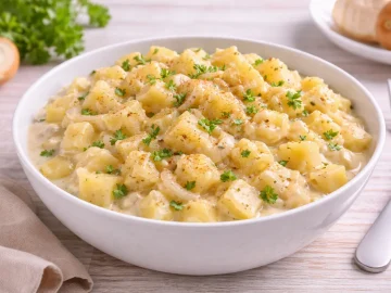 Gedünstete Kartoffeln mit cremiger Sahnesoße und Zwiebeln in einer weißen Schüssel auf hellem Holztisch