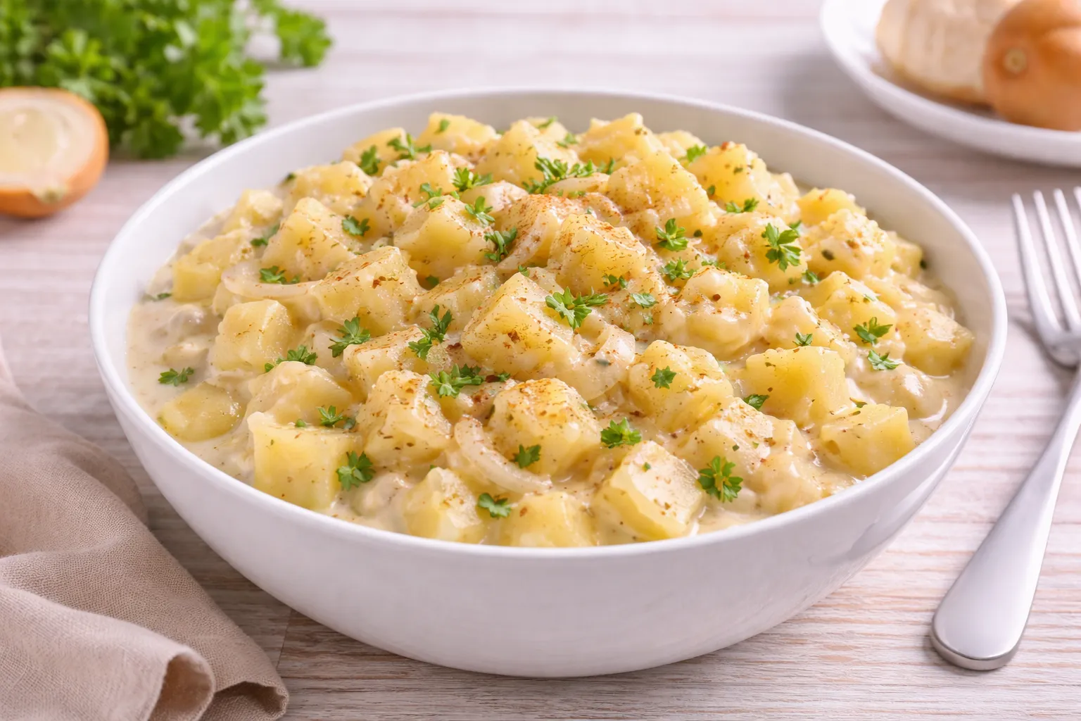 Gedünstete Kartoffeln mit cremiger Sahnesoße und Zwiebeln in einer weißen Schüssel auf hellem Holztisch