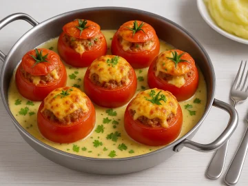 Moderne Servierpfanne mit gefüllten Tomaten, überbacken mit Käse und saurer Sahne