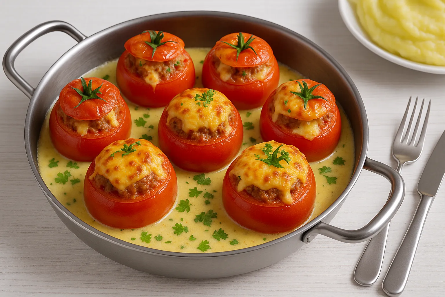Moderne Servierpfanne mit gefüllten Tomaten, überbacken mit Käse und saurer Sahne