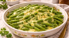 Grüne Bohnen mit heller Eigelbsoße angerichtet auf rustikalem weißen Teller