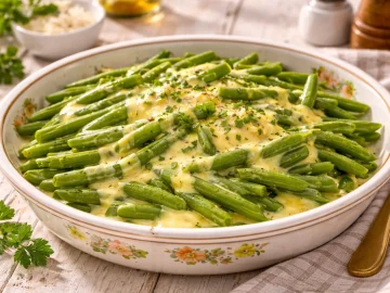 Grüne Bohnen mit heller Eigelbsoße angerichtet auf rustikalem weißen Teller