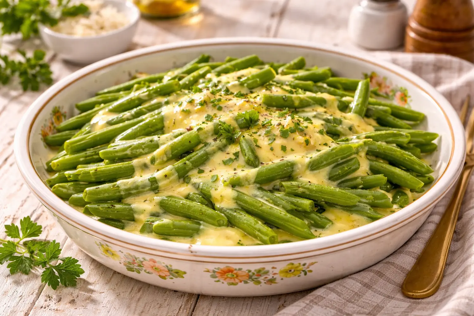 Grüne Bohnen mit heller Eigelbsoße angerichtet auf rustikalem weißen Teller