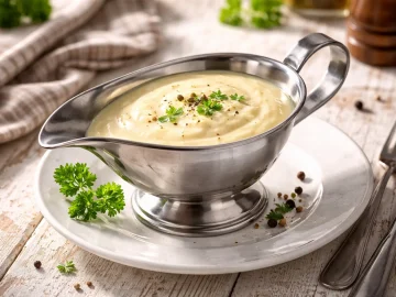 Cremige helle Grundsoße in einer Edelstahl-Sauciere auf rustikalem weißen Holztisch