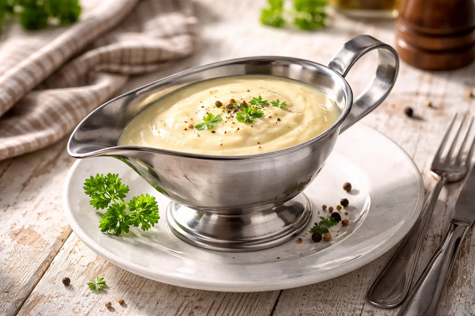 Cremige helle Grundsoße in einer Edelstahl-Sauciere auf rustikalem weißen Holztisch