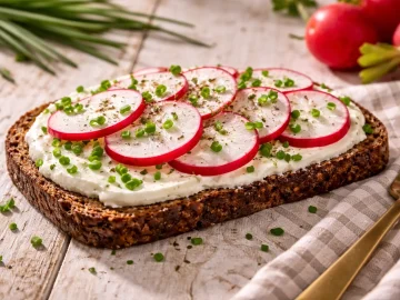 Belegtes Brot mit Frischkäse, Radieschen und Schnittlauch auf Holztisch