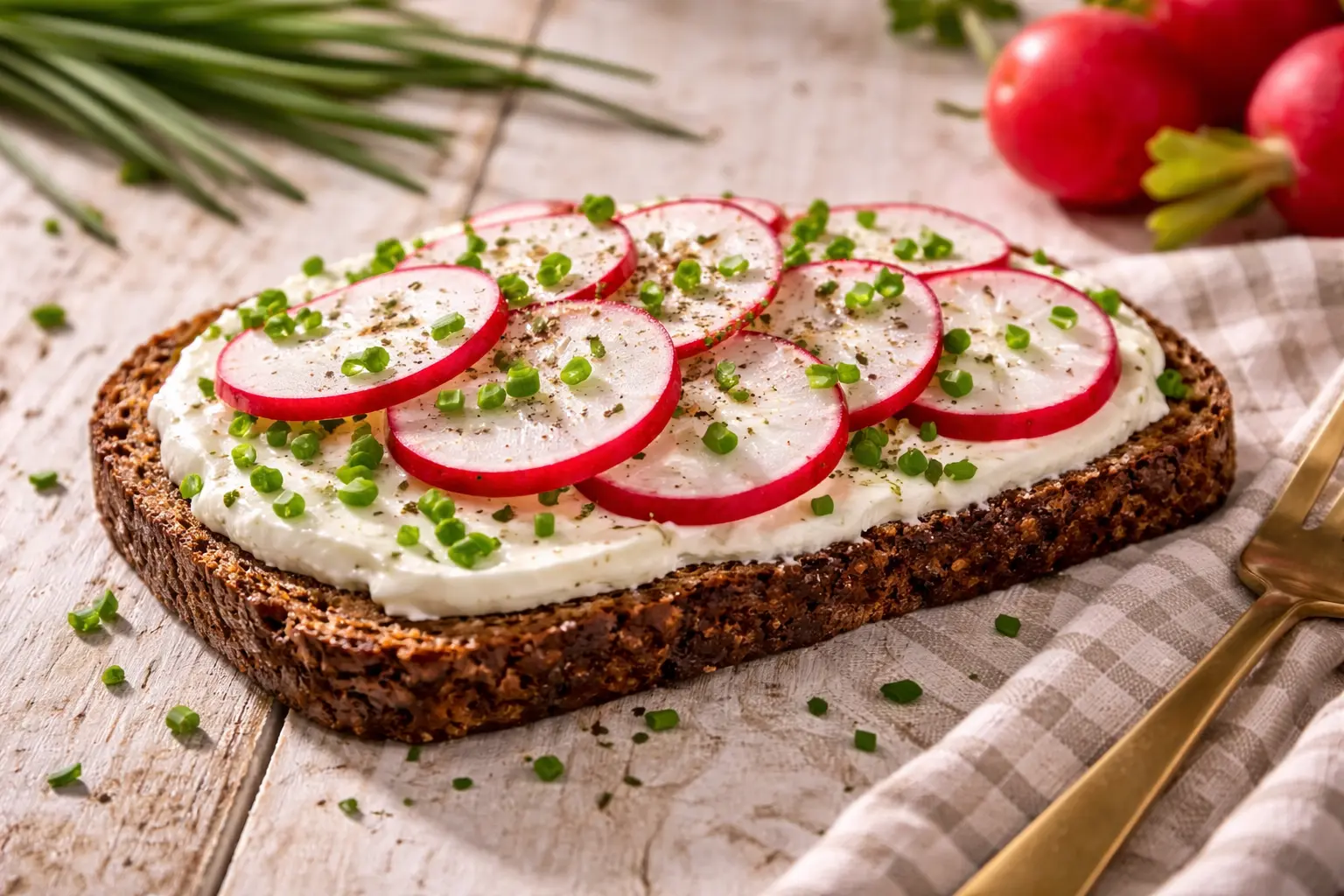 Belegtes Brot mit Frischkäse, Radieschen und Schnittlauch auf Holztisch