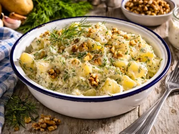 Kartoffelsalat mit Dill und Walnüssen in einer weißen rustikalen Schüssel auf hellem Holztisch