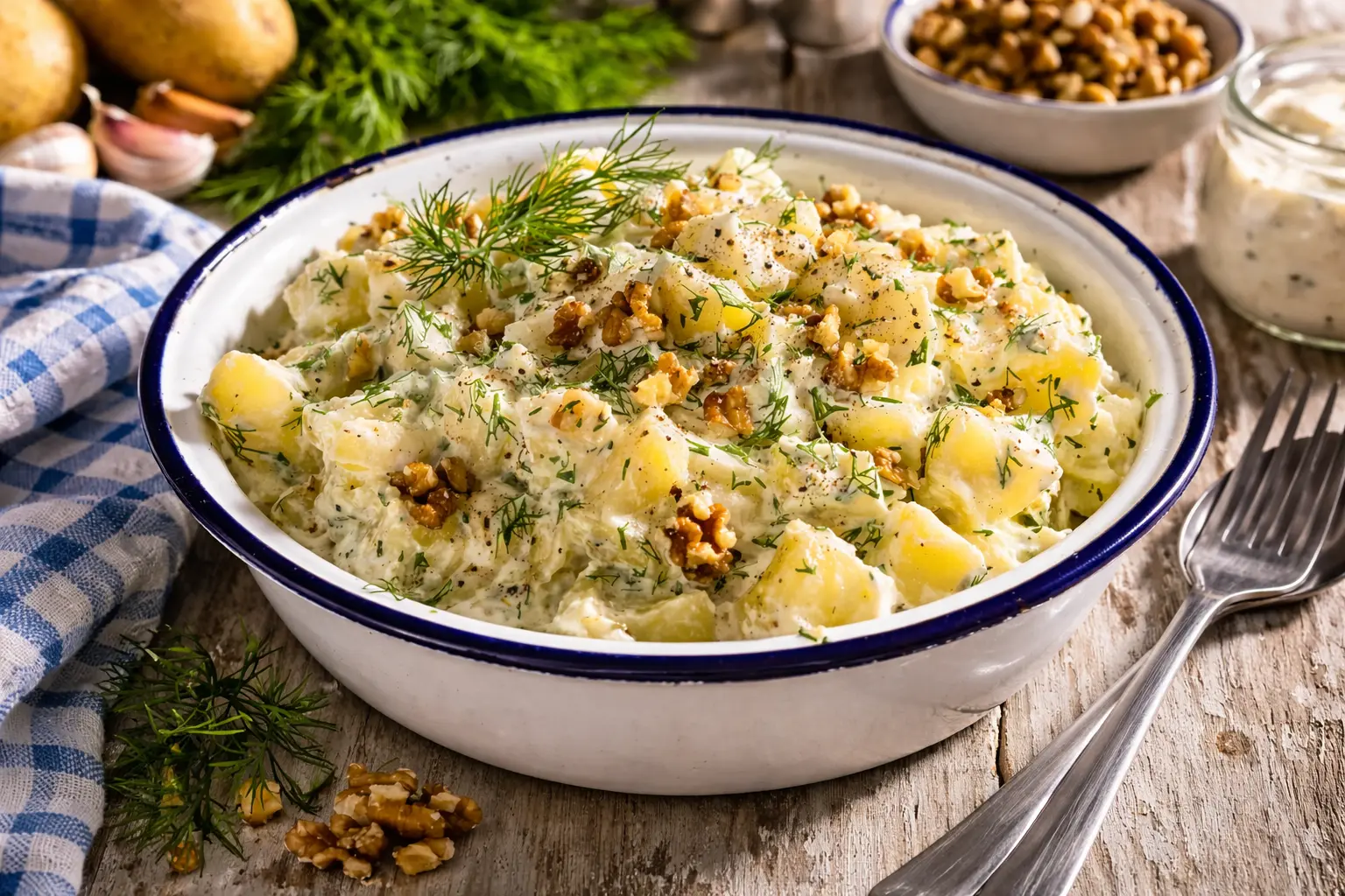 Kartoffelsalat mit Dill und Walnüssen in einer weißen rustikalen Schüssel auf hellem Holztisch