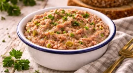 Leberwurstcreme in kleiner Emaille-Schüssel auf rustikalem Holztisch