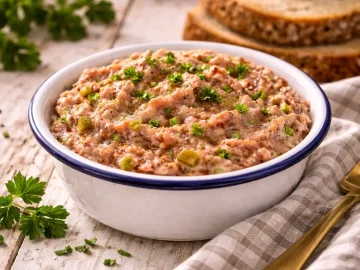 Leberwurstcreme in kleiner Emaille-Schüssel auf rustikalem Holztisch