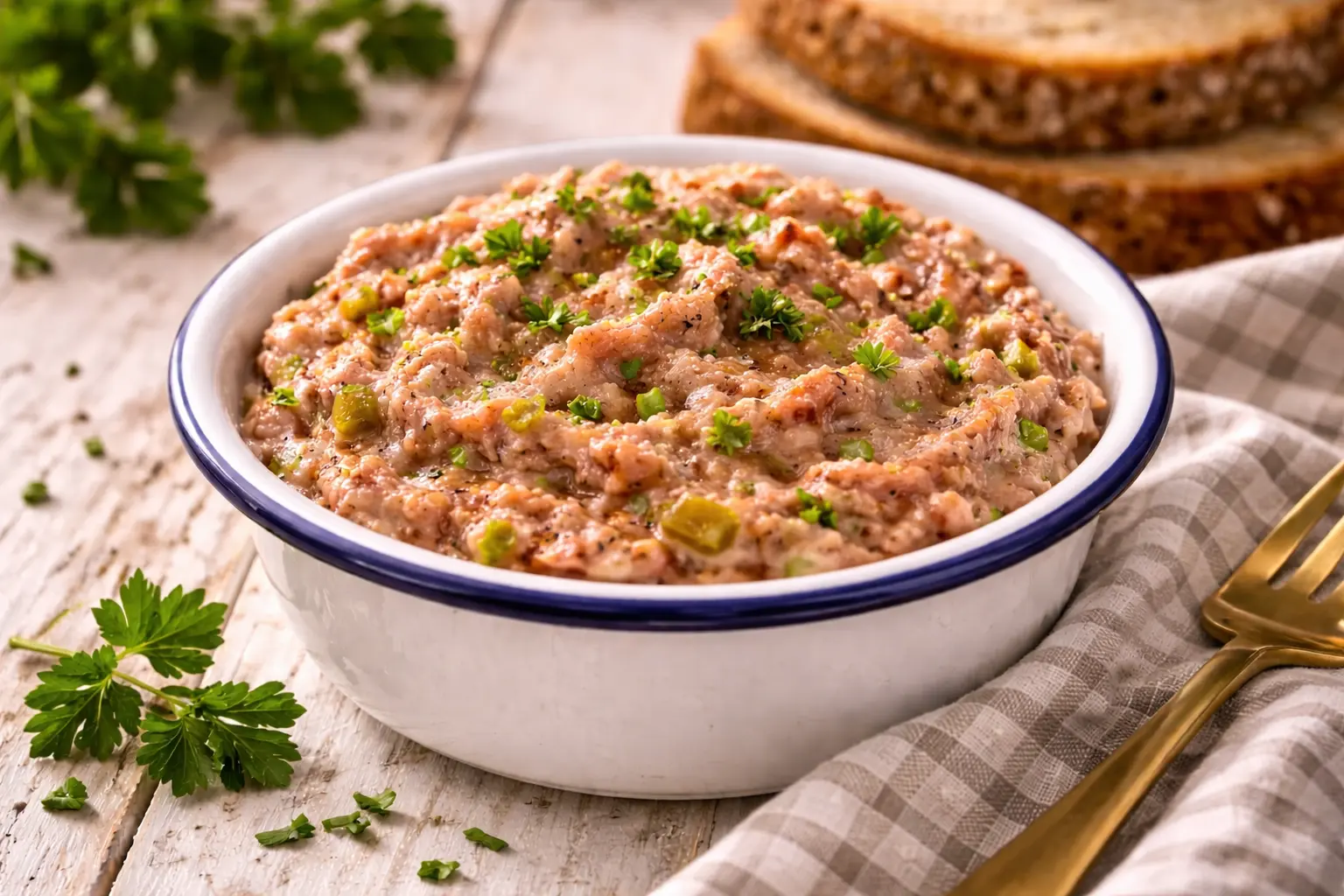 Leberwurstcreme in kleiner Emaille-Schüssel auf rustikalem Holztisch