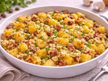 Gebratene Kartoffelwürfel mit Ei und Speck in weißer Pfanne auf hellem Holzhintergrund