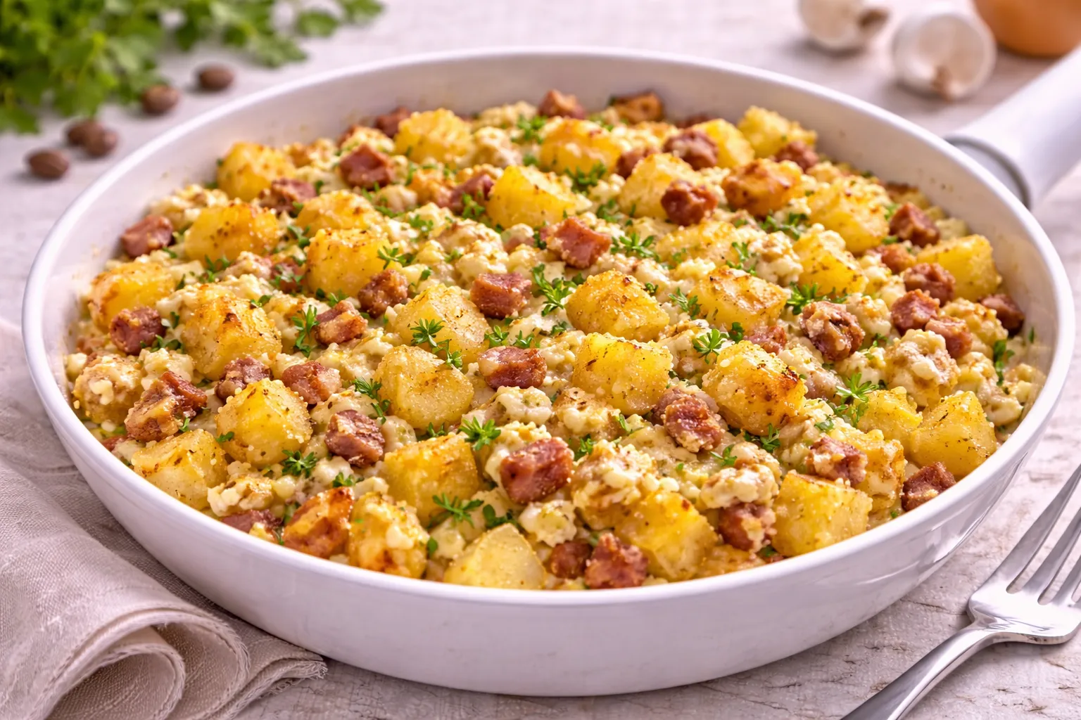 Gebratene Kartoffelwürfel mit Ei und Speck in weißer Pfanne auf hellem Holzhintergrund