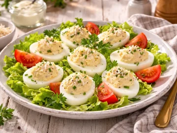 Gefüllte Eier mit Meerrettichcreme auf frischem Salatbett angerichtet