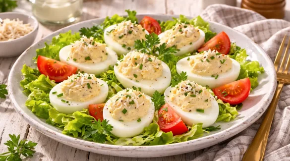 Gefüllte Eier mit Meerrettichcreme auf frischem Salatbett angerichtet