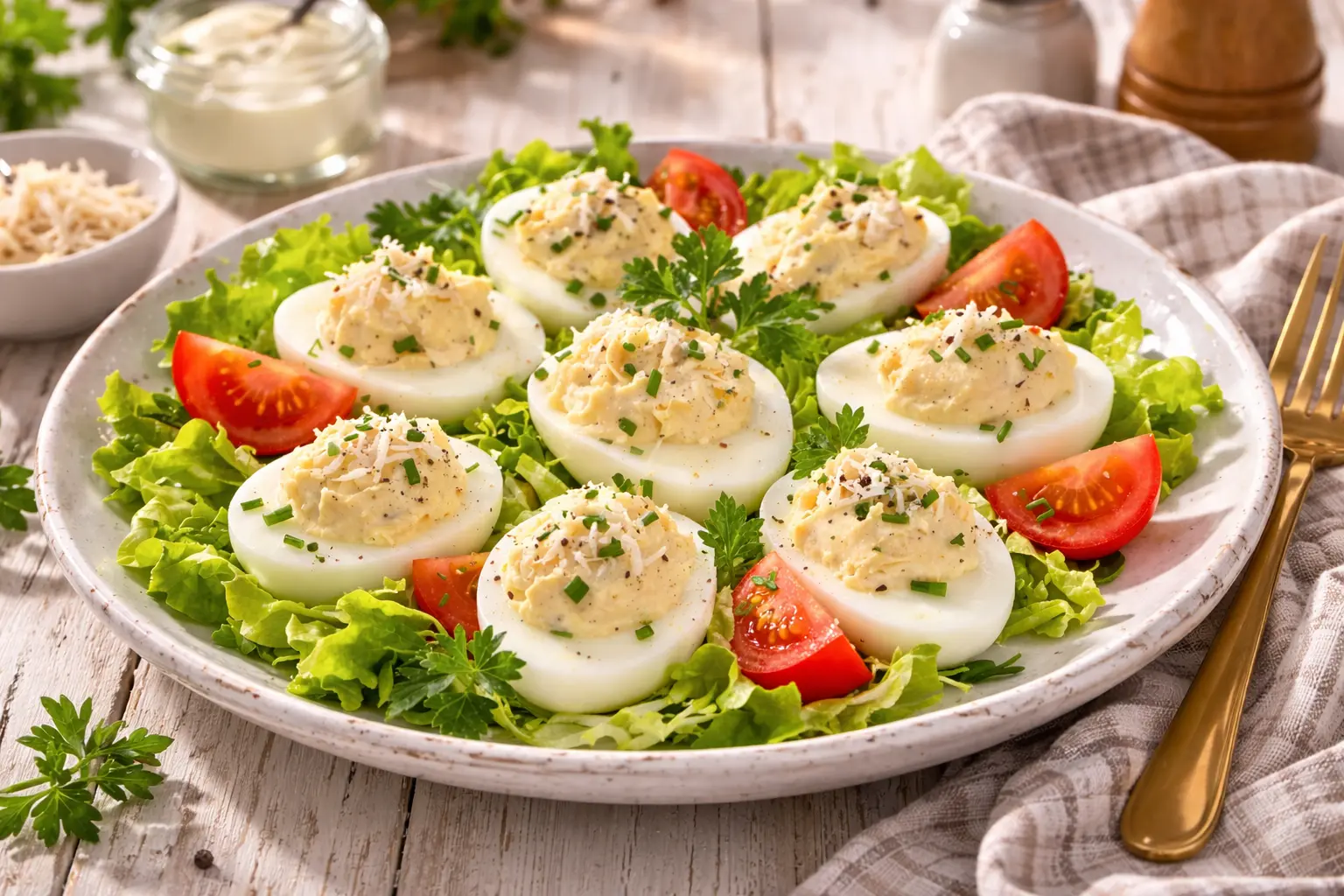 Gefüllte Eier mit Meerrettichcreme auf frischem Salatbett angerichtet