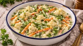 Buntes Mischgemüse in cremiger Sahnesoße in einer Emaille-Schüssel angerichtet