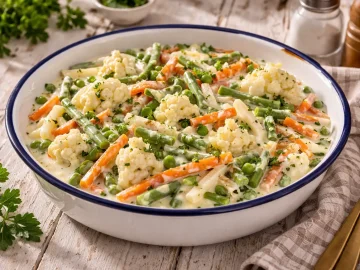 Buntes Mischgemüse in cremiger Sahnesoße in einer Emaille-Schüssel angerichtet