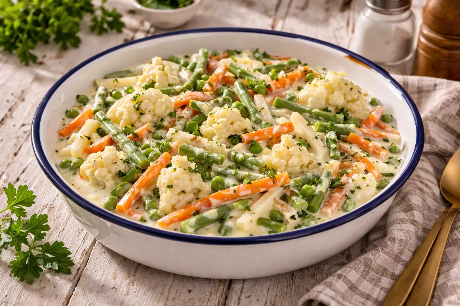 Buntes Mischgemüse in cremiger Sahnesoße in einer Emaille-Schüssel angerichtet