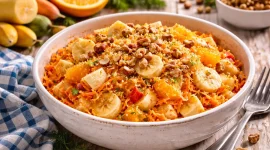 Fruchtiger Möhrensalat mit Apfel, Banane und Haselnüssen in einer weißen Schüssel auf Holztisch