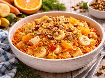 Fruchtiger Möhrensalat mit Apfel, Banane und Haselnüssen in einer weißen Schüssel auf Holztisch