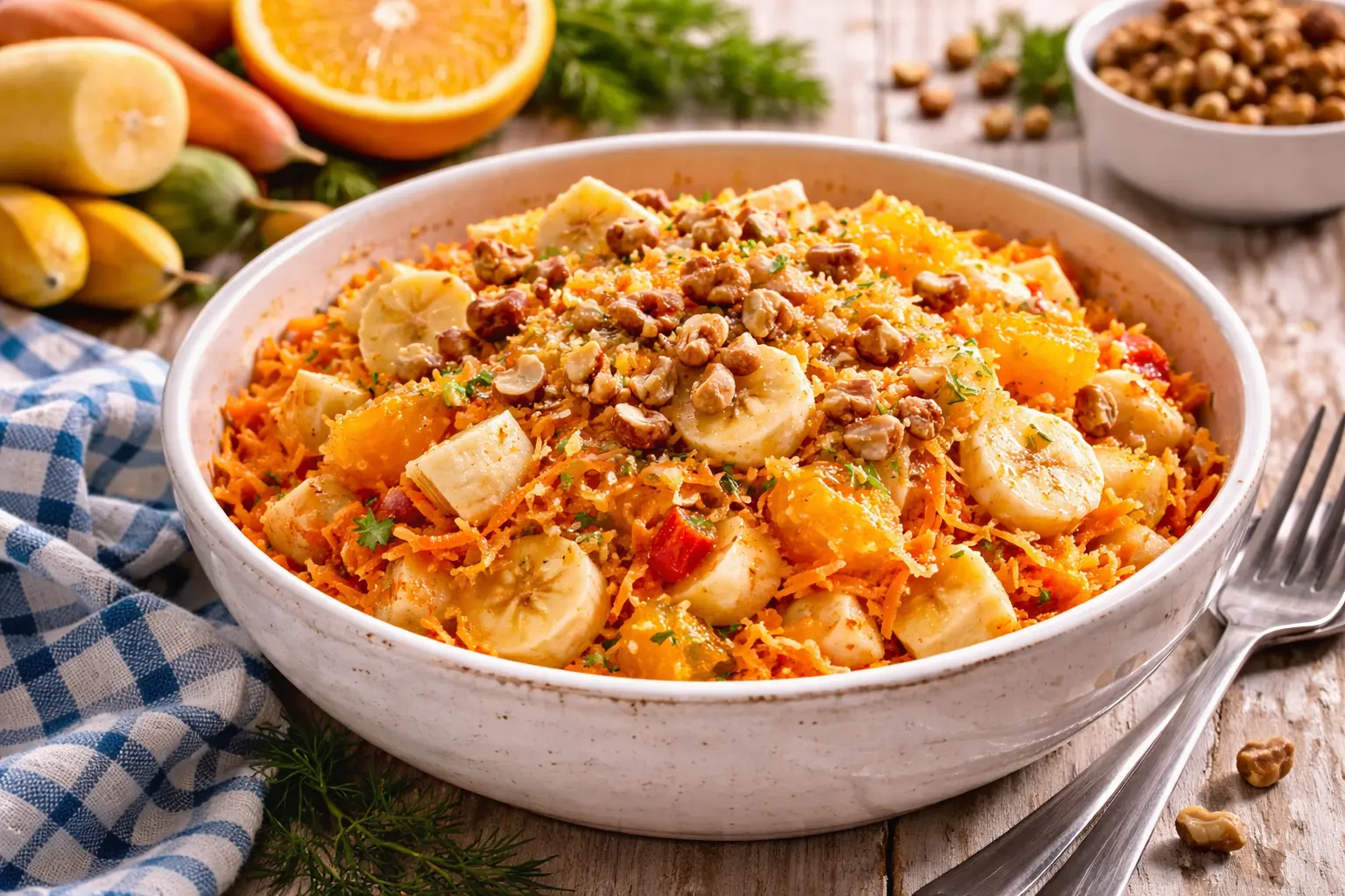 Fruchtiger Möhrensalat mit Apfel, Banane und Haselnüssen in einer weißen Schüssel auf Holztisch