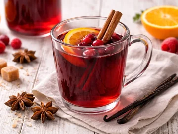 Punsch mit Wein und Gewürzen in klarem Glas auf weißem Holzhintergrund serviert