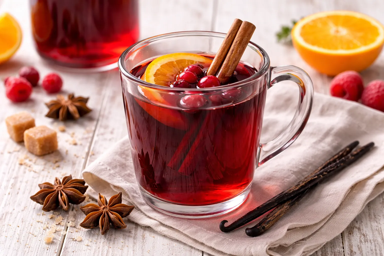Punsch mit Wein und Gewürzen in klarem Glas auf weißem Holzhintergrund serviert