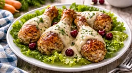 Hühnerkeulen mit Apfel-Meerrettich-Soße auf Salatblättern angerichtet