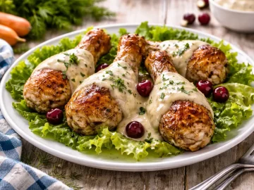 Hühnerkeulen mit Apfel-Meerrettich-Soße auf Salatblättern angerichtet