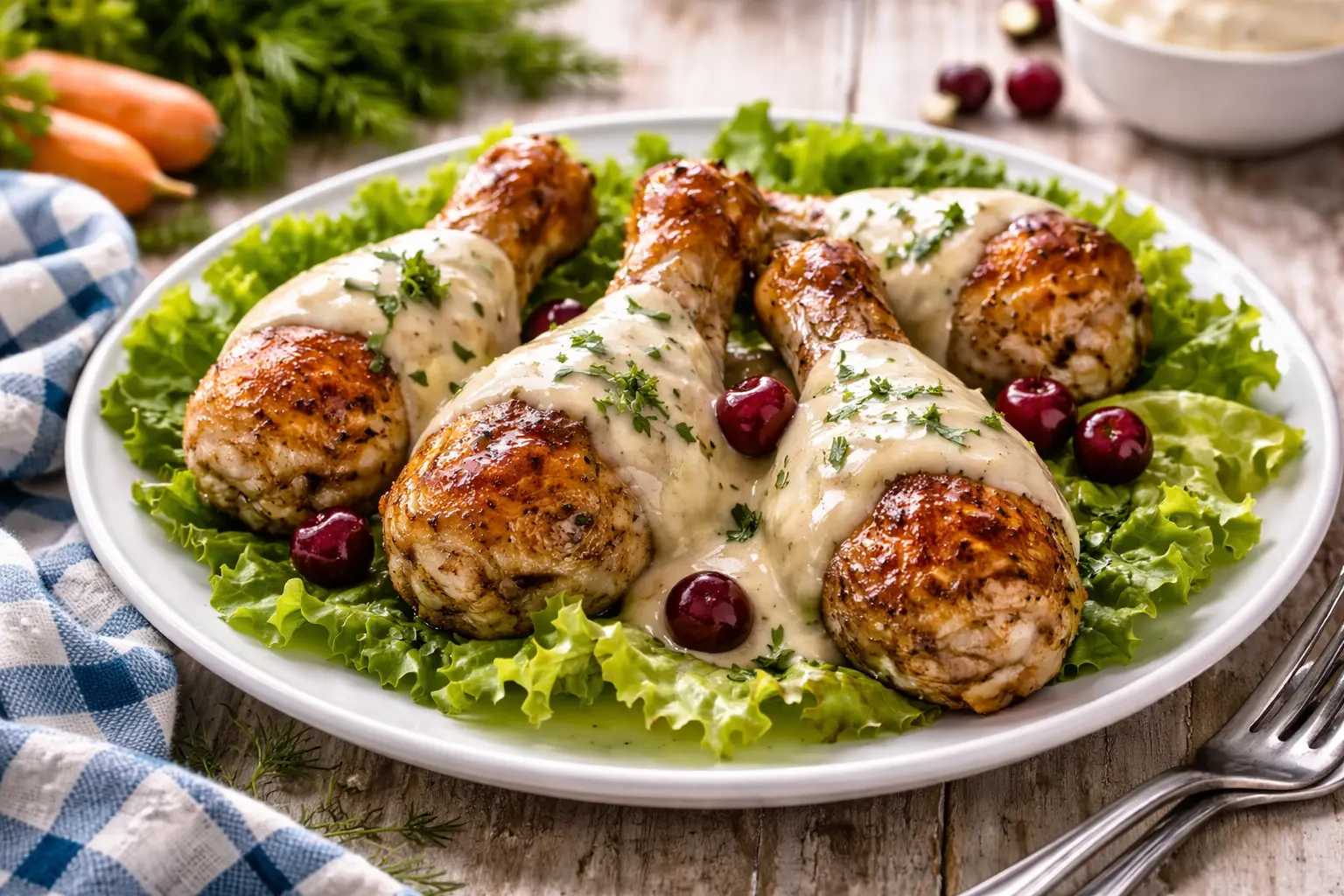Hühnerkeulen mit Apfel-Meerrettich-Soße auf Salatblättern angerichtet