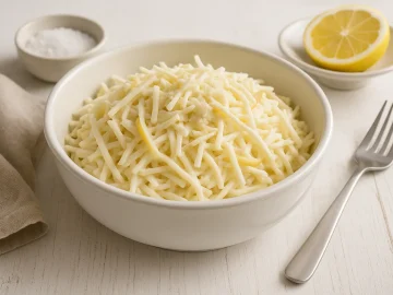 Selleriesalat mit Äpfeln und Meerrettich in weißer Schüssel auf weißem Holzhintergrund