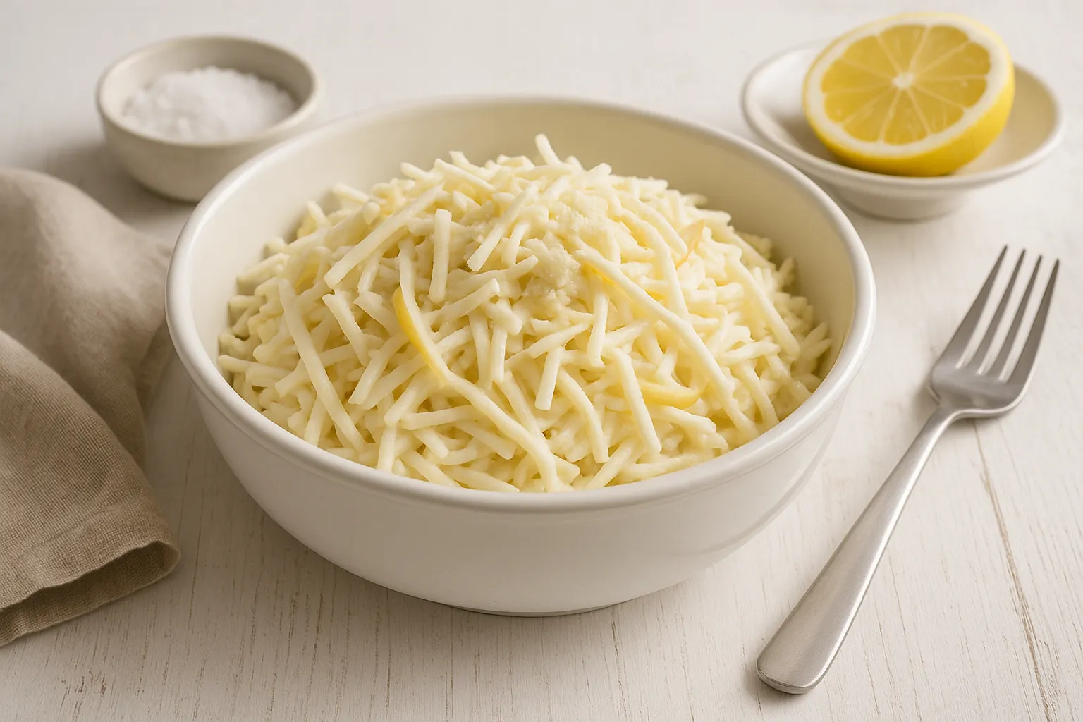 Selleriesalat mit Äpfeln und Meerrettich in weißer Schüssel auf weißem Holzhintergrund