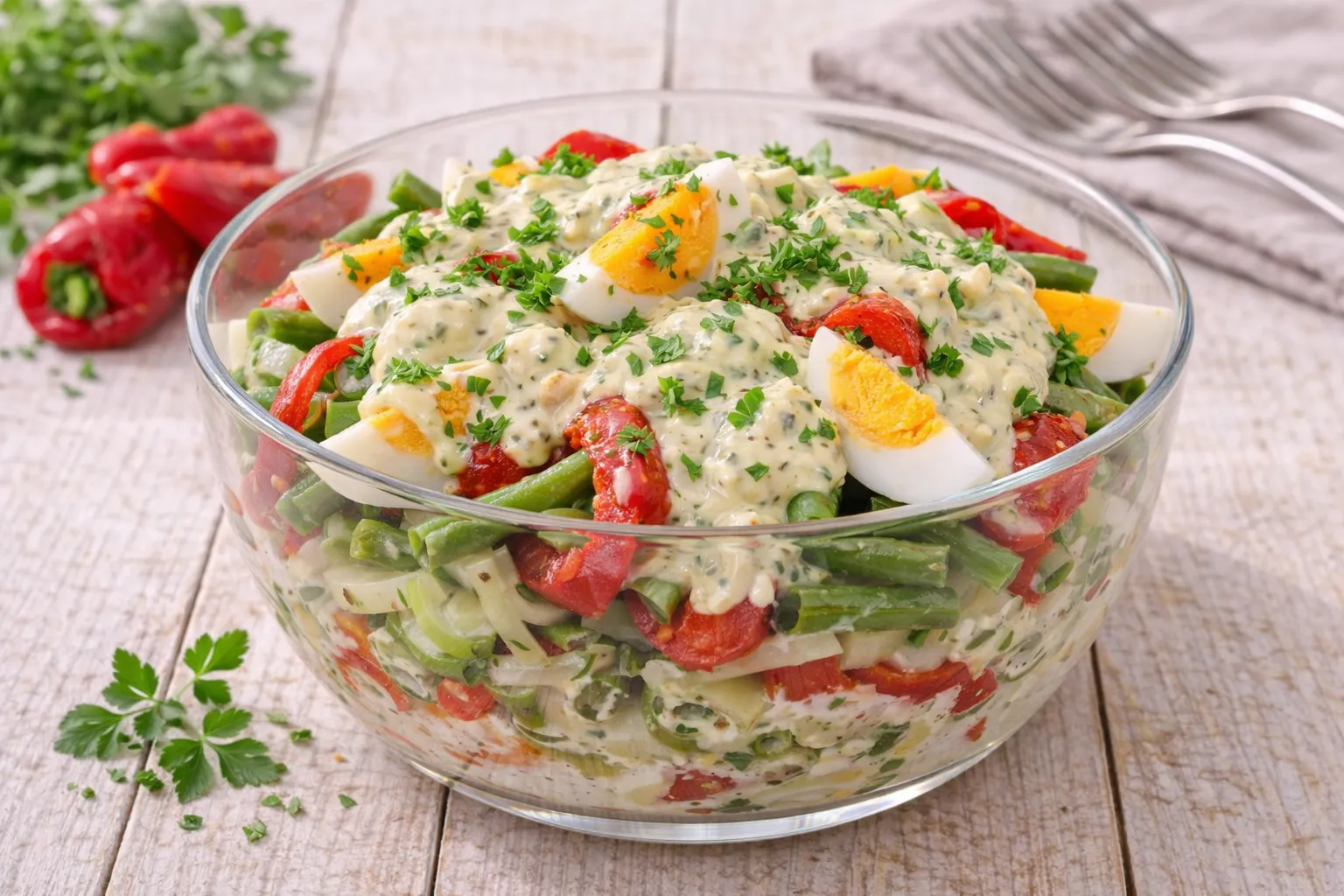 Ungarischer Eiersalat mit Bohnen, Ei und Paprika in Glasschüssel auf hellem Holztisch