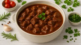 Wildgulasch in kräftiger Soße, serviert in rustikaler Schale auf hellem Holzuntergrund